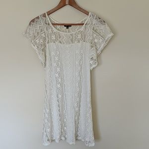 Timing white lace flutter sleeve shift dress